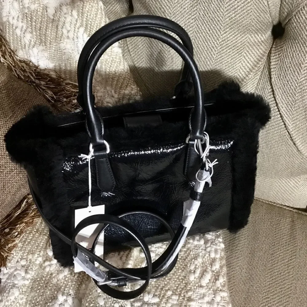 TORY BURCH CRINKLE PATENT LEATHER SHEARLING CROSSBODY BAG OR HANDBAG